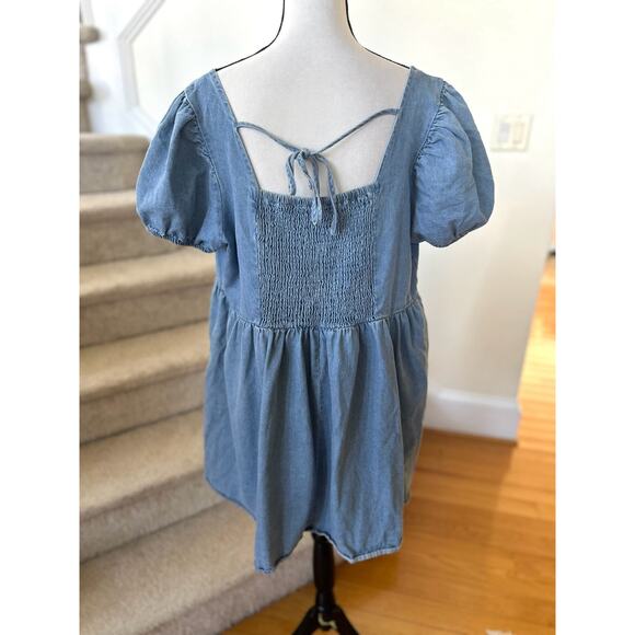 Arula Denim Puff Sleeve Milk Maid Square Neck Open Back Mini Western Dress - Picture 2 of 7